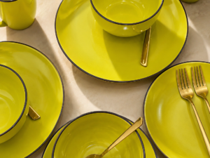 Yellow Dinner Set with Brown Trim