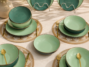 Green Dinner Set with Gold Trim