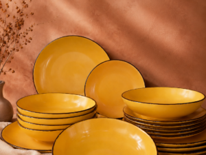 Mustard Yellow with Brown Trim Dinner Set