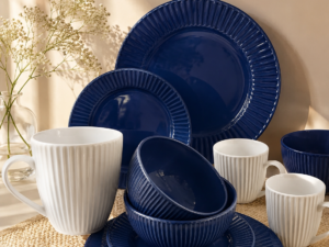 White and Blue Ribbed Dinner Set